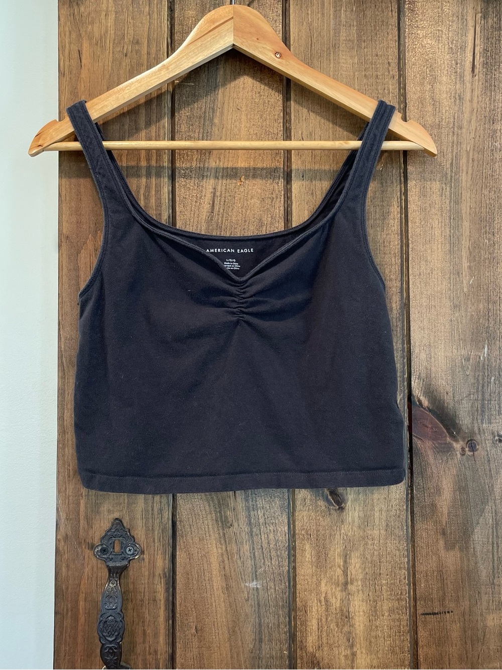 American Eagle Grey Black Cinch Front Crop Tank Large Balletcore Minimalist